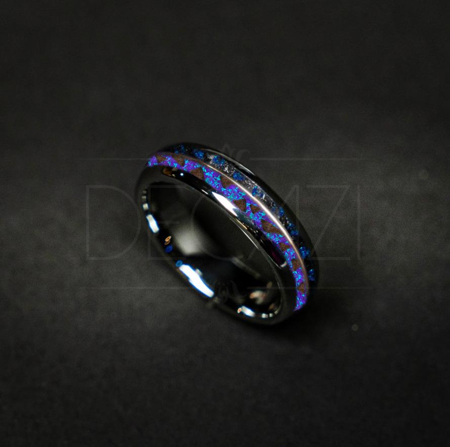 Domed tungsten ring filled with Sleepy lavender opal mixed with dinosaur bone and Lake blue opal mixed with meteorite divided by one 18k golden wire in the middle 6 mm for Darren