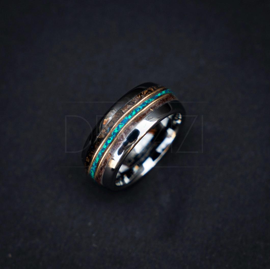 Domed tungsten ring filled with tyrannosaurus rex, opal and velociraptor divided by two 18k golden wires 10 mm for Andrew