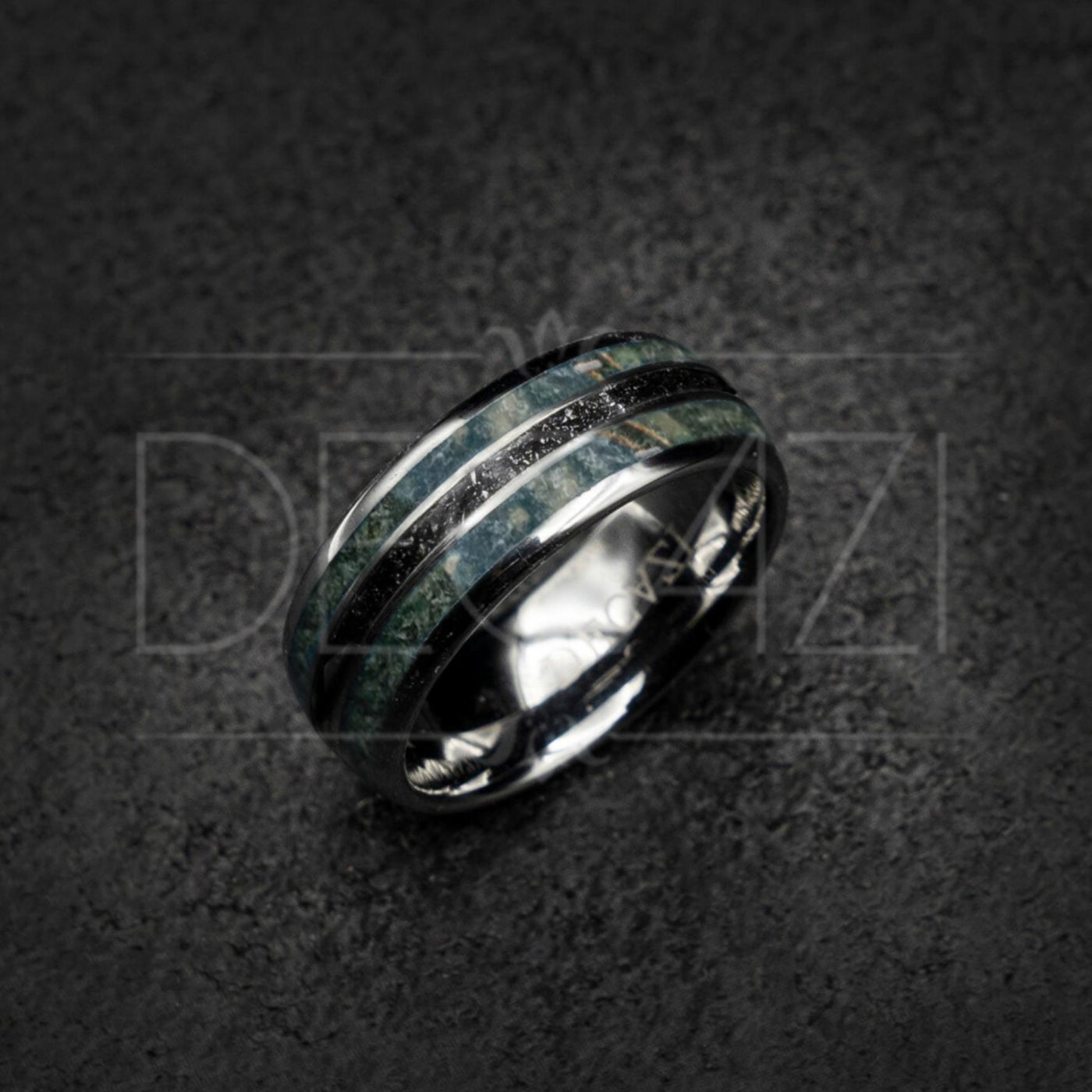 Tirple inlay tungsten filled with Moss agate and Meteorite dust 8 mm for Sterling