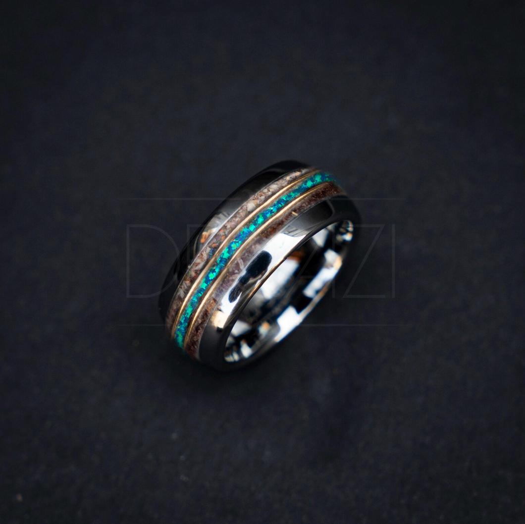 Domed tungsten ring filled with spinosaurus, opal and velociraptor divided by two 18k yellow gold wires 10 mm width for Andrew