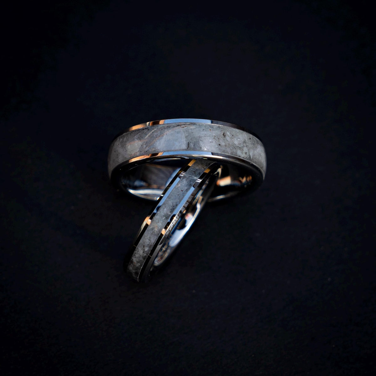 Silver Tungsten Ring Set, Rainbow Moonstone Inlay 6mm & 4mm, Comfort Fit