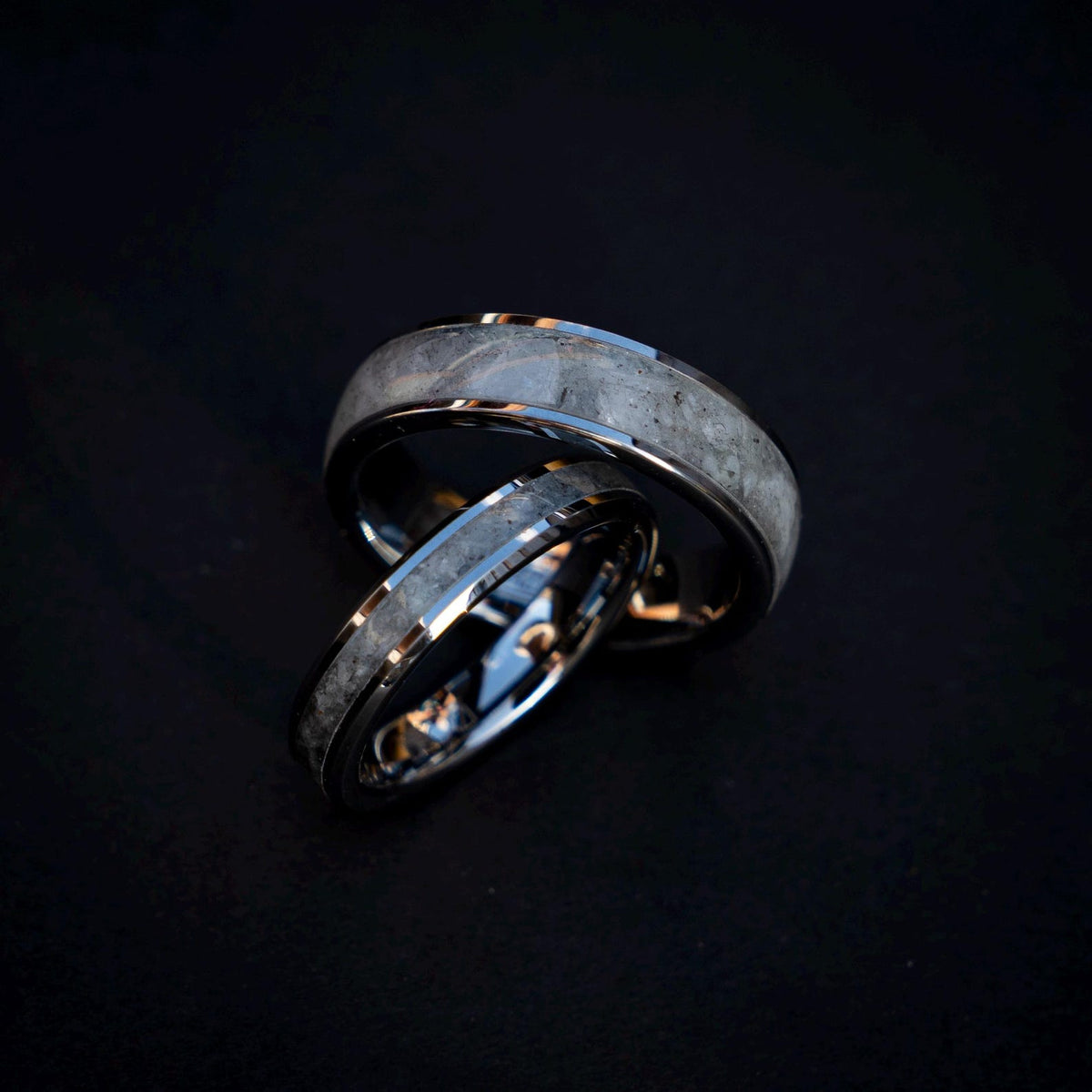 Silver Tungsten Ring Set, Rainbow Moonstone Inlay 6mm & 4mm, Comfort Fit