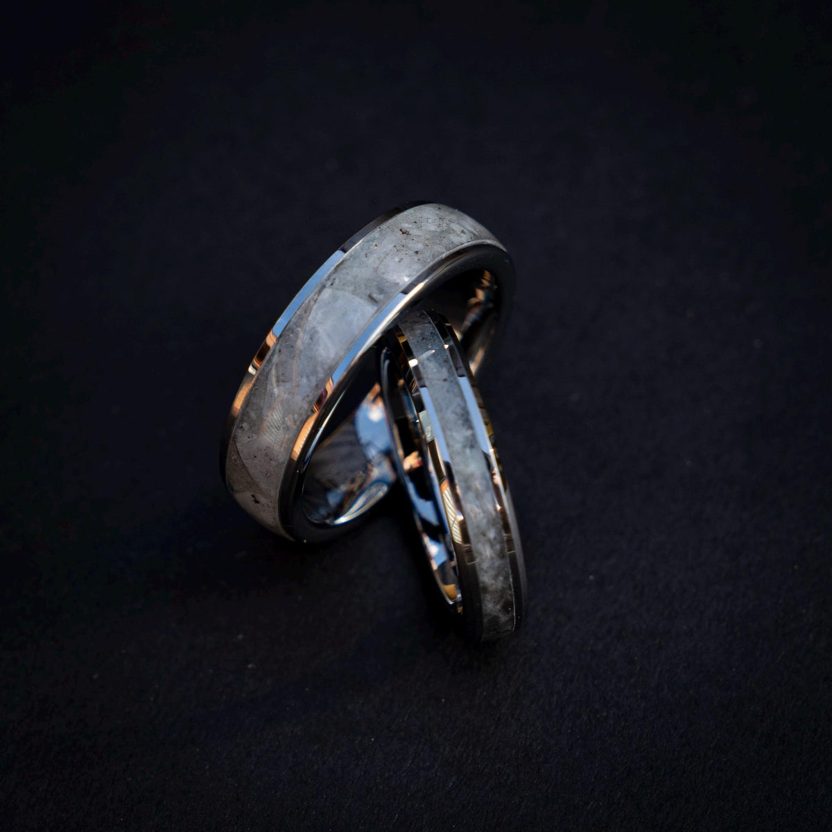Silver Tungsten Ring Set, Rainbow Moonstone Inlay 6mm & 4mm, Comfort Fit