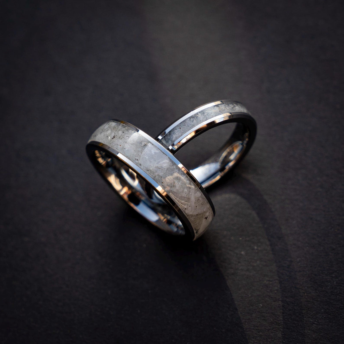 Silver Tungsten Ring Set, Rainbow Moonstone Inlay 6mm & 4mm, Comfort Fit