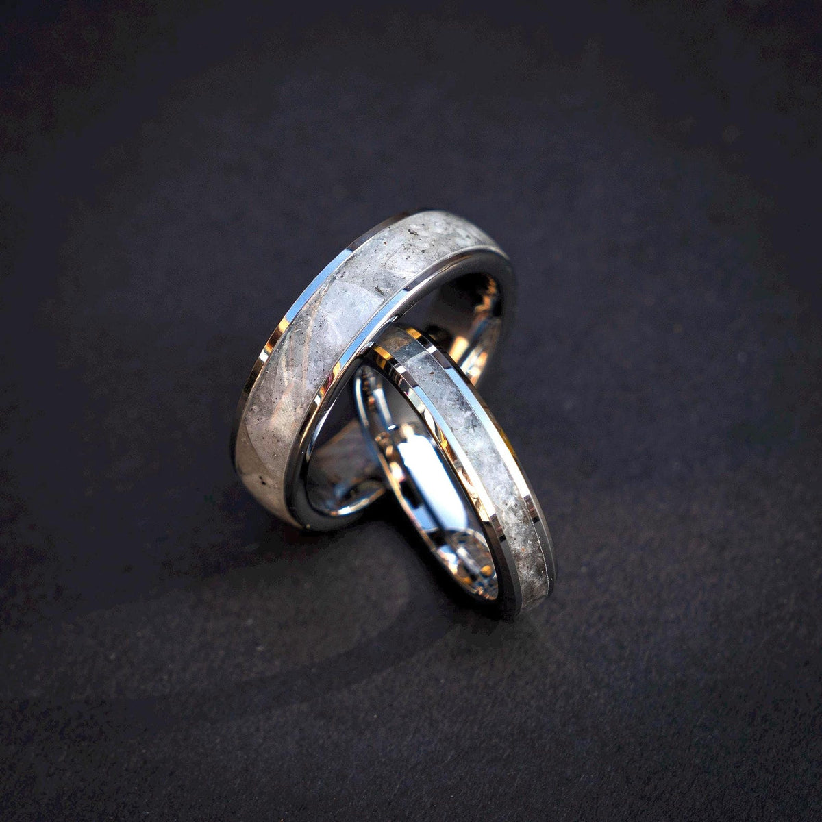 Silver Tungsten Ring Set, Rainbow Moonstone Inlay 6mm & 4mm, Comfort Fit