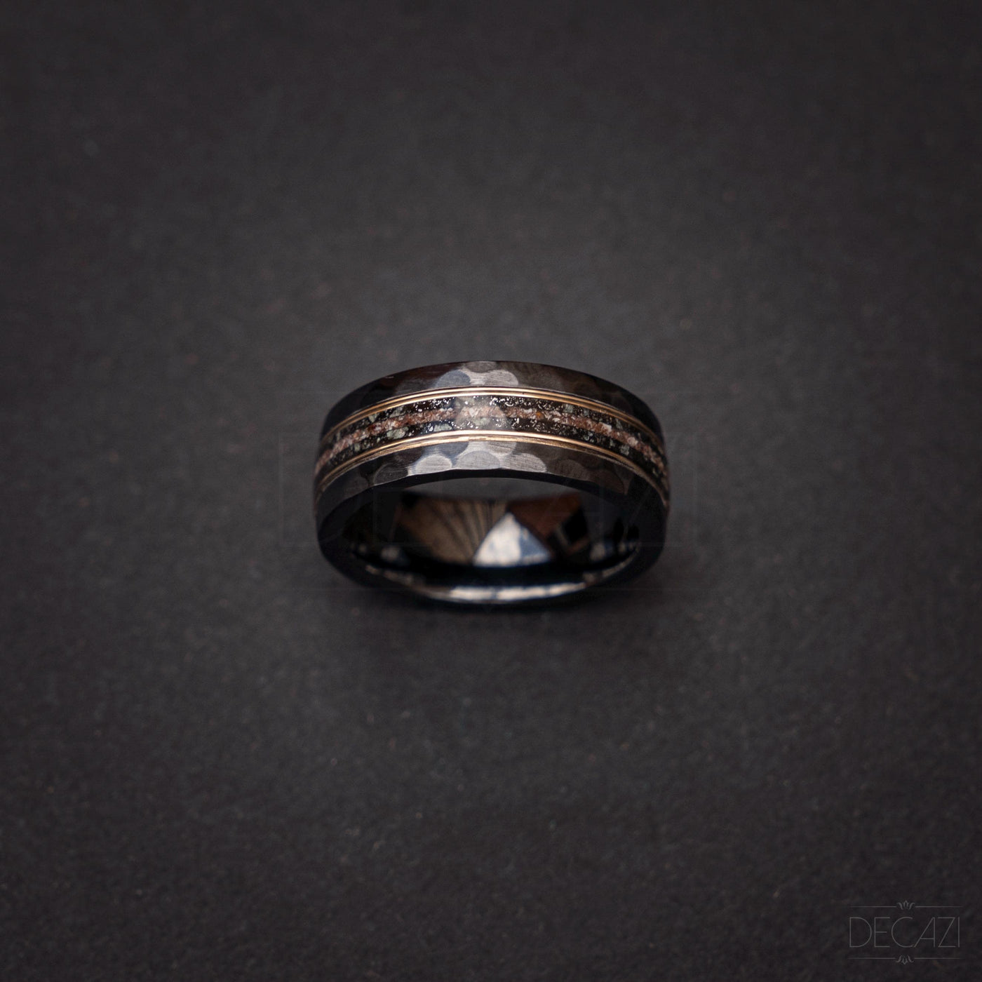 Black Faceted Hammered Ceramic Meteorite Dinosaur Bone Ring, Mens Wedding Band, Mens Meteorite Ring, Handmade Jewelry, Wedding Band | Decazi