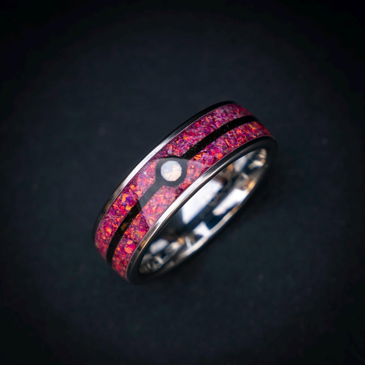 Sleepy Ball Silver Tungsten Ring, Unique Ring, Japanese Anime Inspired, Fire Opal Ring, Handmade Jewelry, Wedding Ring, Cubic Zirconia Ring.