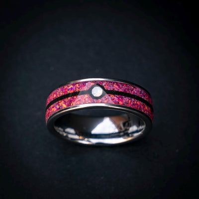 Sleepy Ball Silver Tungsten Ring, Unique Ring, Japanese Anime Inspired, Fire Opal Ring, Handmade Jewelry, Wedding Ring, Cubic Zirconia Ring.