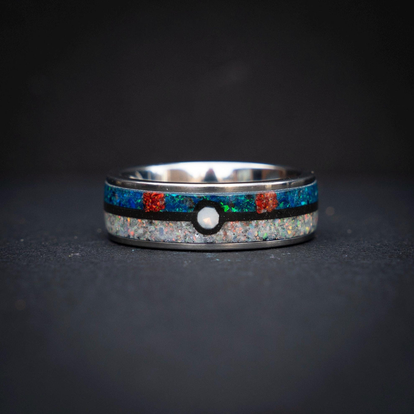 great Ball Silver Tungsten Ring, Unique Ring, Japanese Anime Inspired, Fire Opal Ring, Handmade Jewelry, Wedding Ring, Cubic Zirconia Ring.