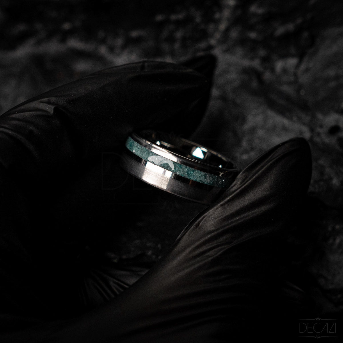 Tungsten silver ring single offset inlay brushed polished genuine aquamarine ring 8 mm width