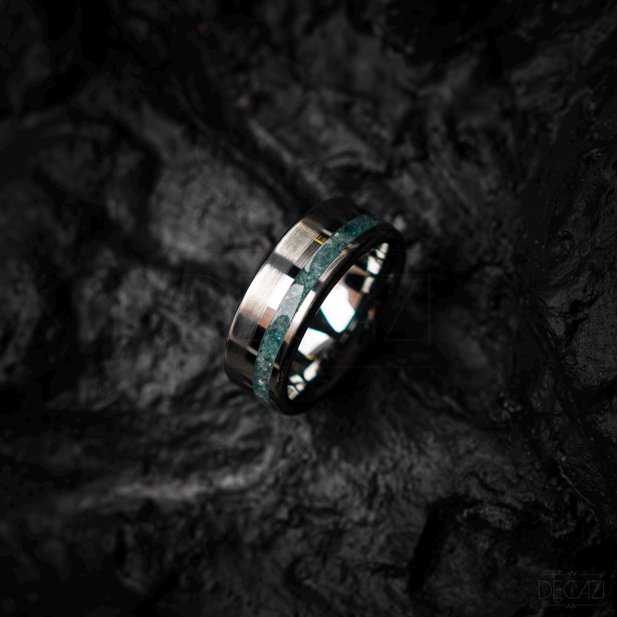 Tungsten silver ring single offset inlay brushed polished genuine aquamarine ring 8 mm width