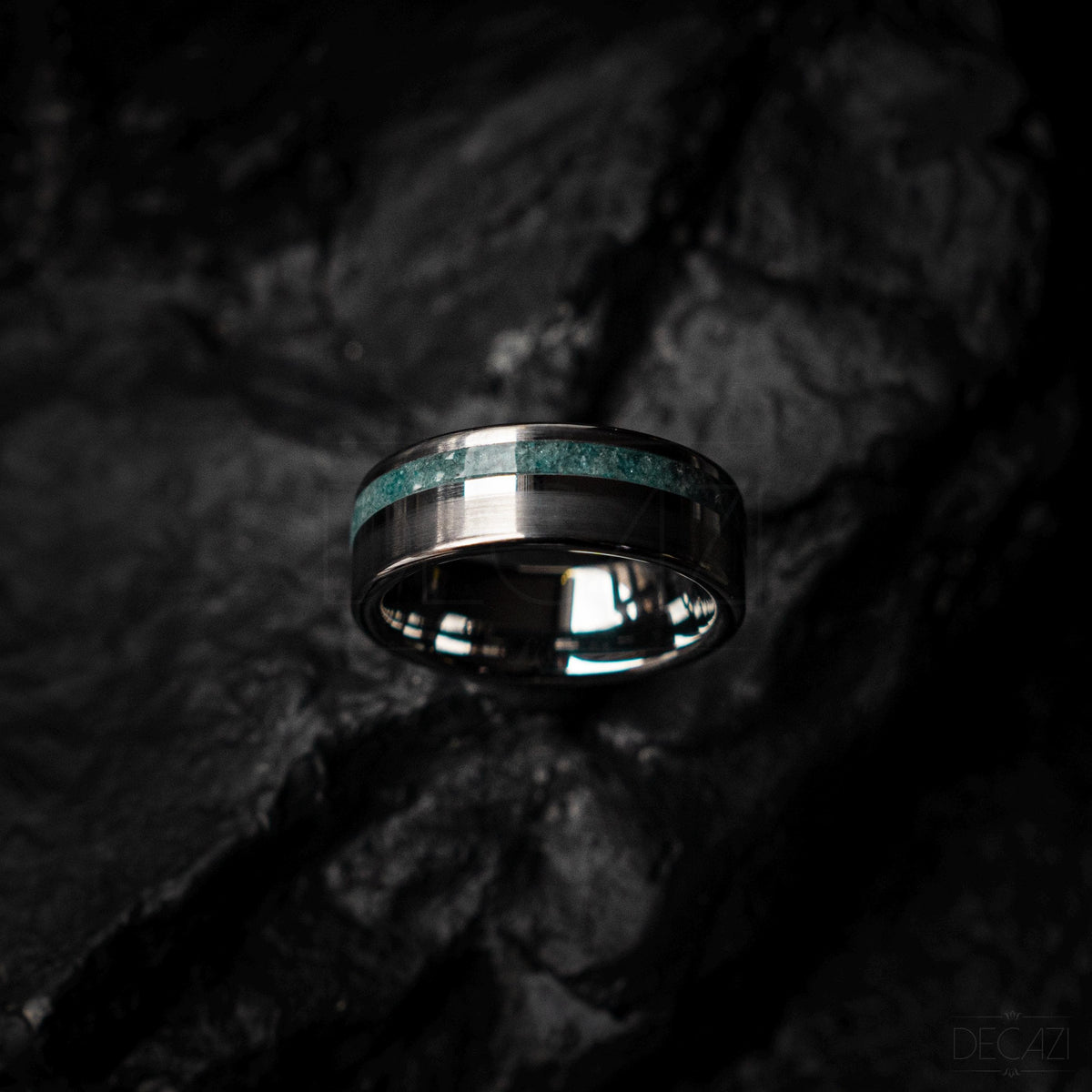 Tungsten silver ring single offset inlay brushed polished genuine aquamarine ring 8 mm width