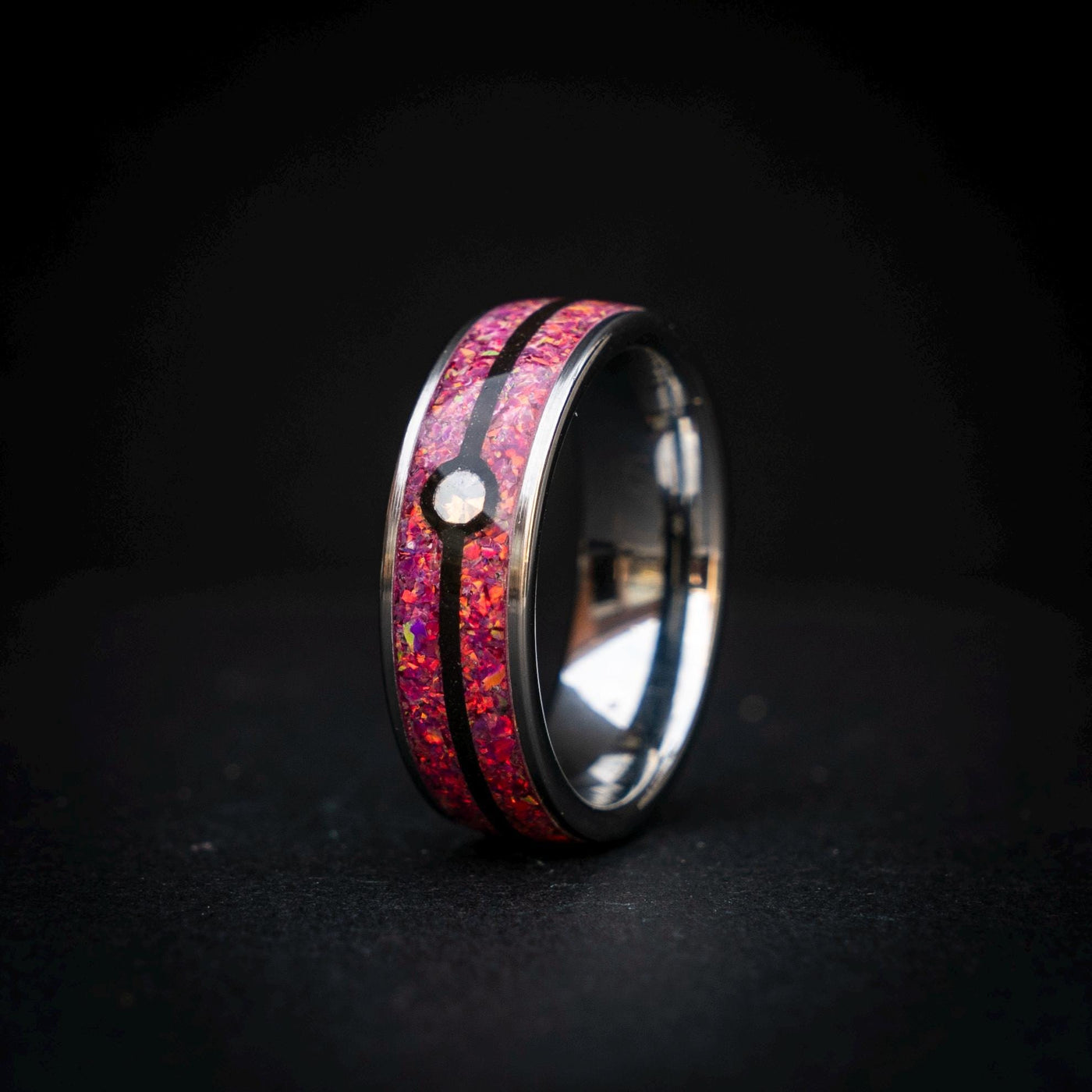 Sleepy Ball Silver Tungsten Ring, Unique Ring, Japanese Anime Inspired, Fire Opal Ring, Handmade Jewelry, Wedding Ring, Cubic Zirconia Ring.