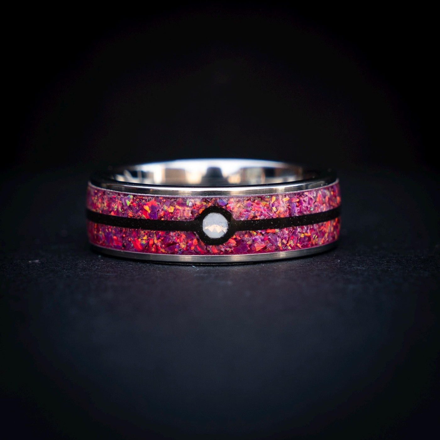 Sleepy Ball Silver Tungsten Ring, Unique Ring, Japanese Anime Inspired, Fire Opal Ring, Handmade Jewelry, Wedding Ring, Cubic Zirconia Ring.