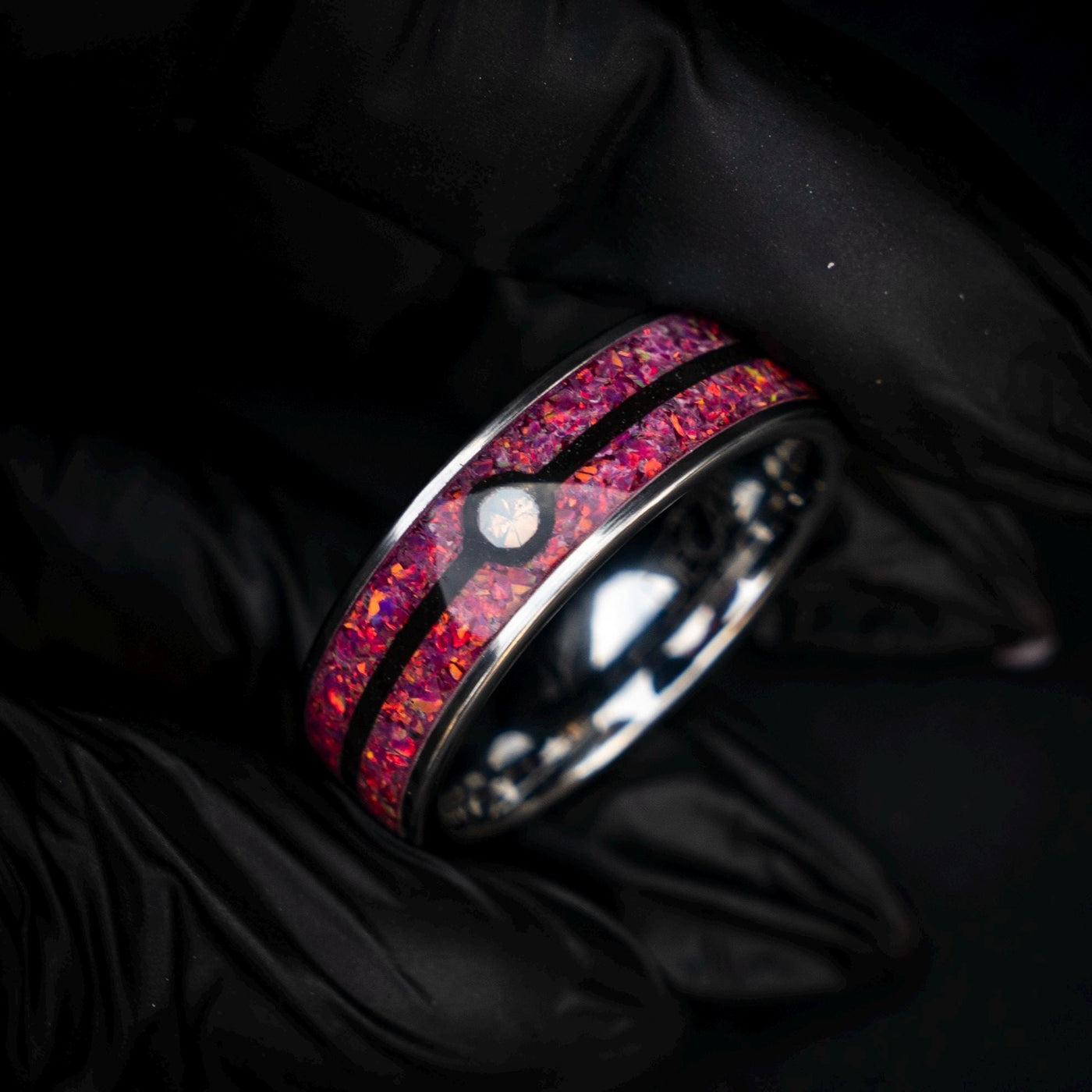 Sleepy Ball Silver Tungsten Ring, Unique Ring, Japanese Anime Inspired, Fire Opal Ring, Handmade Jewelry, Wedding Ring, Cubic Zirconia Ring.