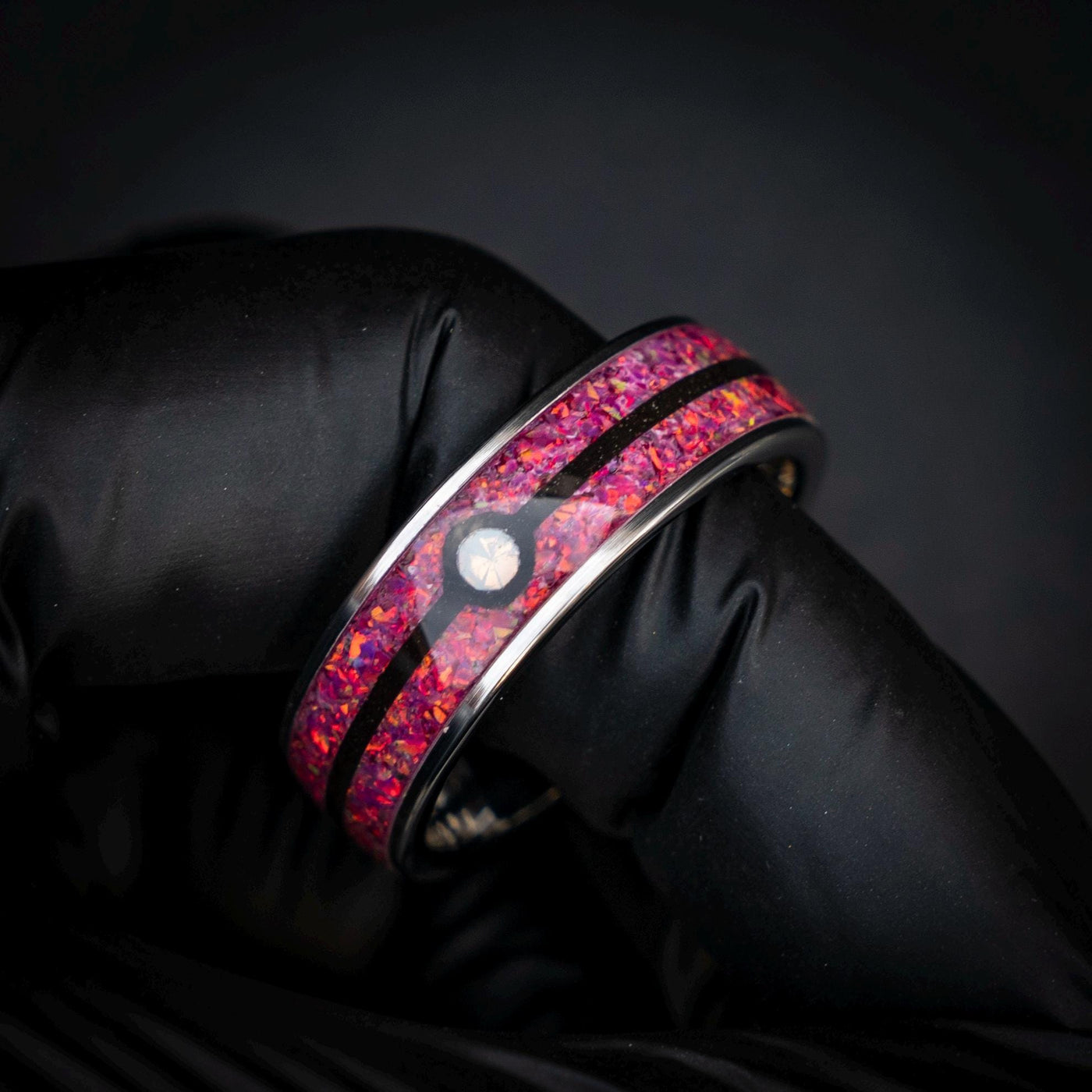 Sleepy Ball Silver Tungsten Ring, Unique Ring, Japanese Anime Inspired, Fire Opal Ring, Handmade Jewelry, Wedding Ring, Cubic Zirconia Ring.