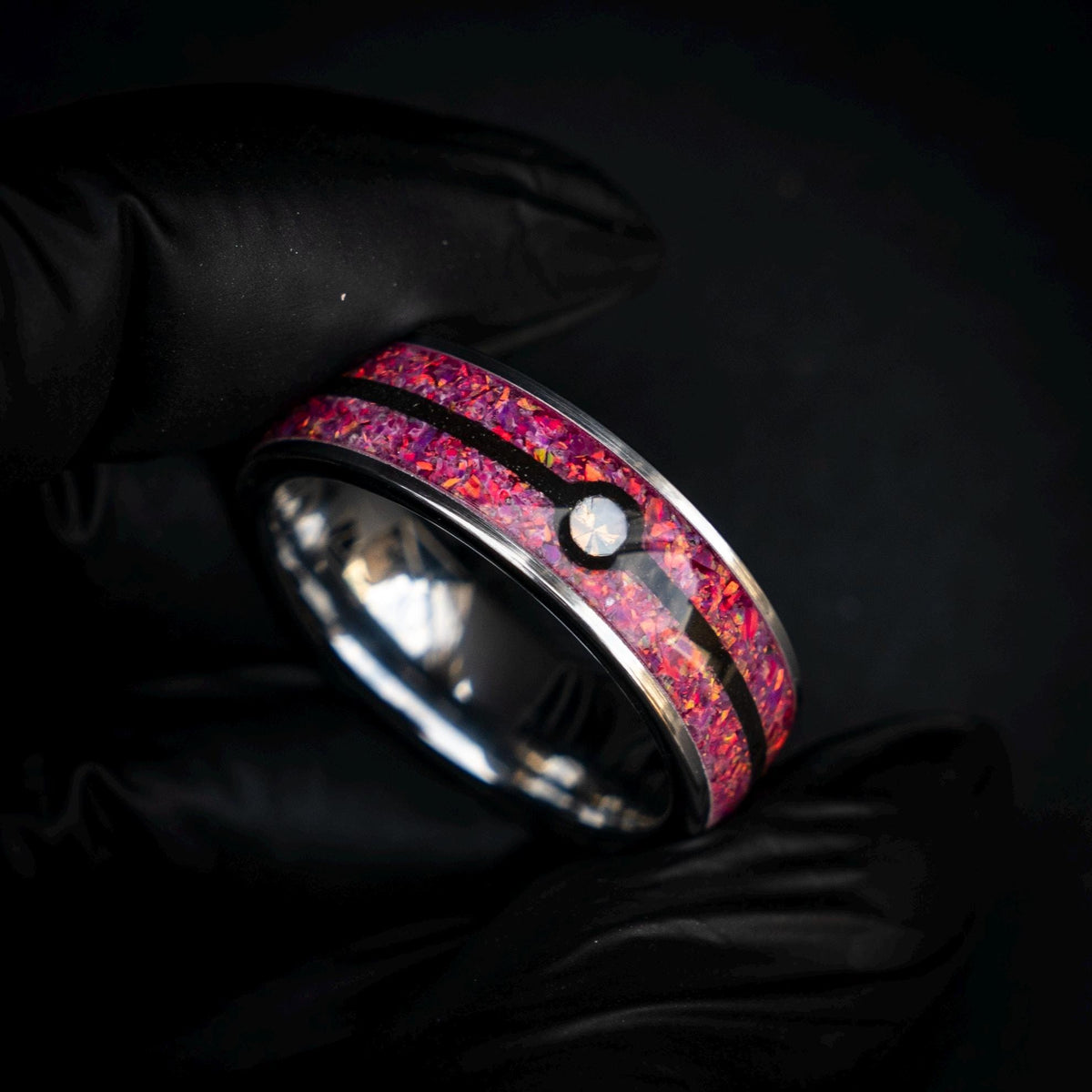 Sleepy Ball Silver Tungsten Ring, Unique Ring, Japanese Anime Inspired, Fire Opal Ring, Handmade Jewelry, Wedding Ring, Cubic Zirconia Ring.