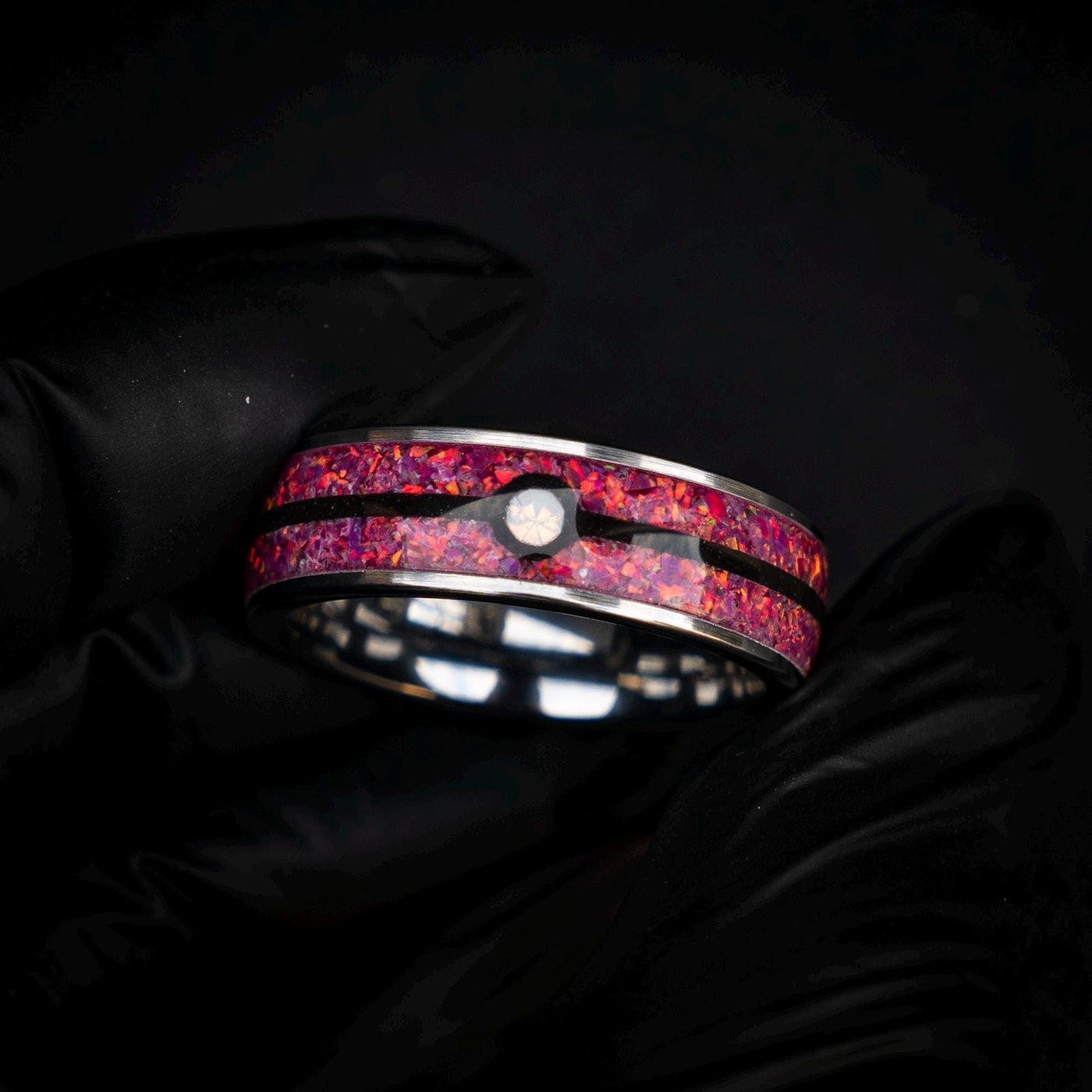 Sleepy Ball Silver Tungsten Ring, Unique Ring, Japanese Anime Inspired, Fire Opal Ring, Handmade Jewelry, Wedding Ring, Cubic Zirconia Ring.