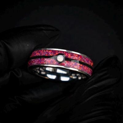 Sleepy Ball Silver Tungsten Ring, Unique Ring, Japanese Anime Inspired, Fire Opal Ring, Handmade Jewelry, Wedding Ring, Cubic Zirconia Ring.