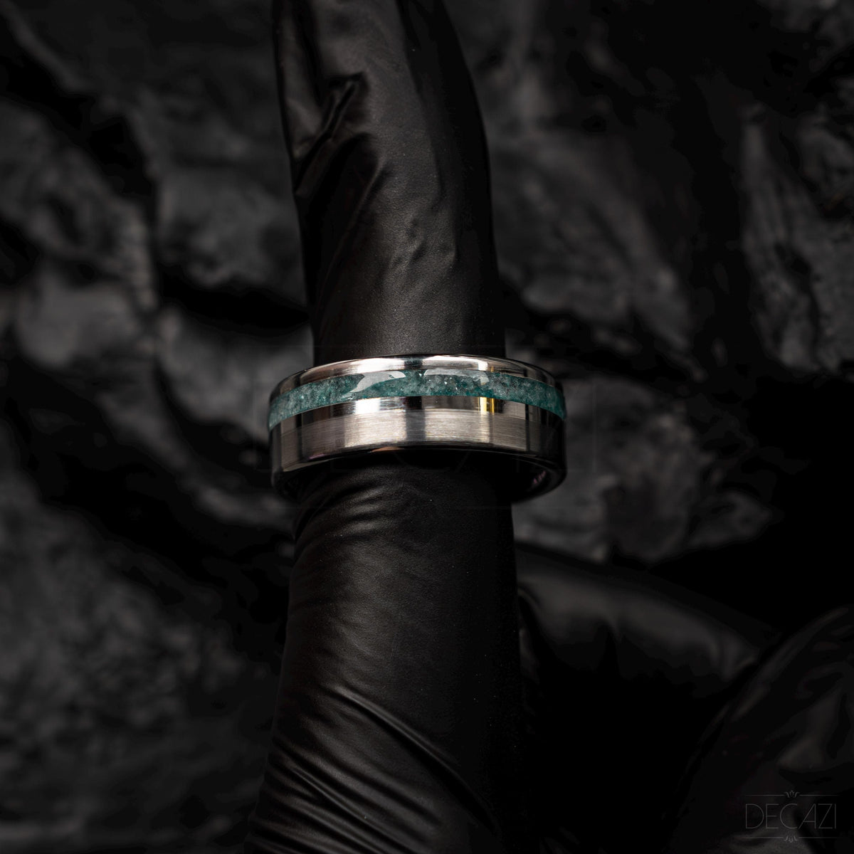 Tungsten silver ring single offset inlay brushed polished genuine aquamarine ring 8 mm width