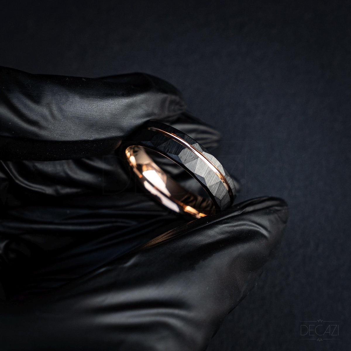 Men's Rose Gold and Black Tungsten Wedding Band – Faceted Ring – Unique Modern Men's Ring – Durable Comfort Fit Ring, 6 mm Ring | Decazi