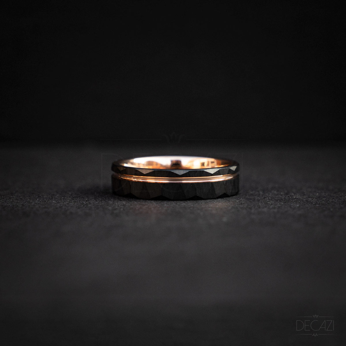Men's Rose Gold and Black Tungsten Wedding Band – Faceted Ring – Unique Modern Men's Ring – Durable Comfort Fit Ring, 6 mm Ring | Decazi