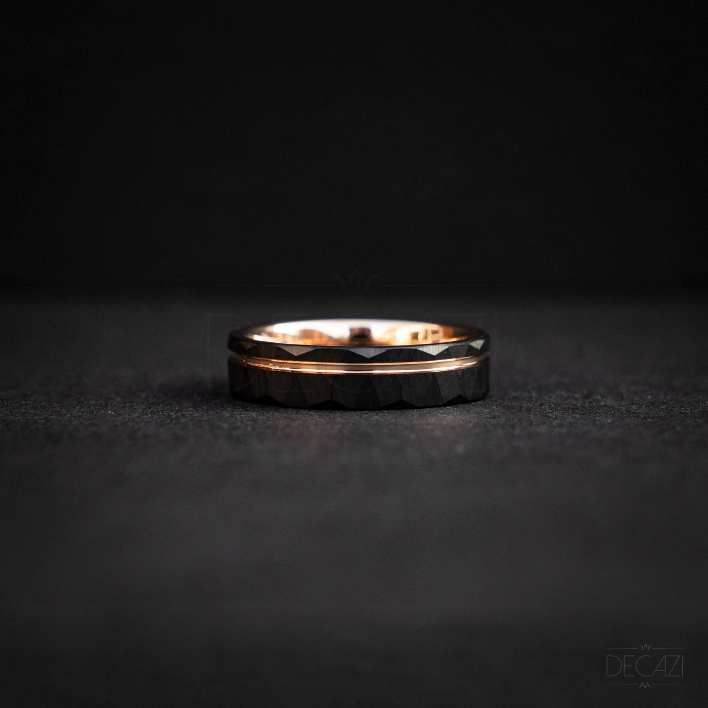 Men's Rose Gold and Black Tungsten Wedding Band – Faceted Ring – Unique Modern Men's Ring – Durable Comfort Fit Ring, 6 mm Ring | Decazi