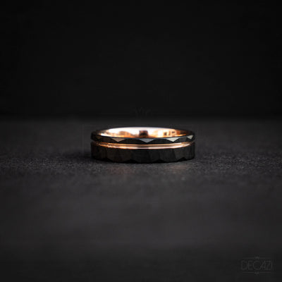 Men's Rose Gold and Black Tungsten Wedding Band – Faceted Ring – Unique Modern Men's Ring – Durable Comfort Fit Ring, 6 mm Ring | Decazi