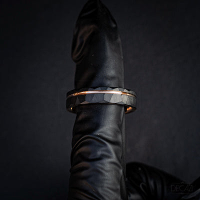 Men's Rose Gold and Black Tungsten Wedding Band – Faceted Ring – Unique Modern Men's Ring – Durable Comfort Fit Ring, 6 mm Ring | Decazi