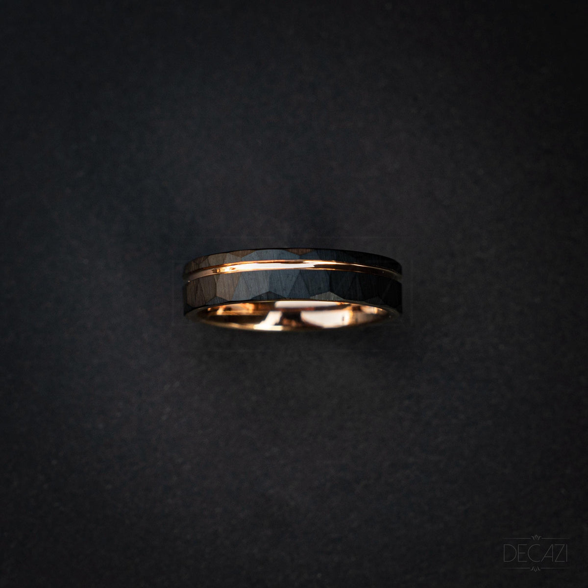 Men's Rose Gold and Black Tungsten Wedding Band – Faceted Ring – Unique Modern Men's Ring – Durable Comfort Fit Ring, 6 mm Ring | Decazi