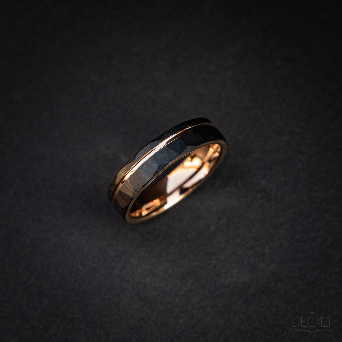 Men's Rose Gold and Black Tungsten Wedding Band – Faceted Ring – Unique Modern Men's Ring – Durable Comfort Fit Ring, 6 mm Ring | Decazi