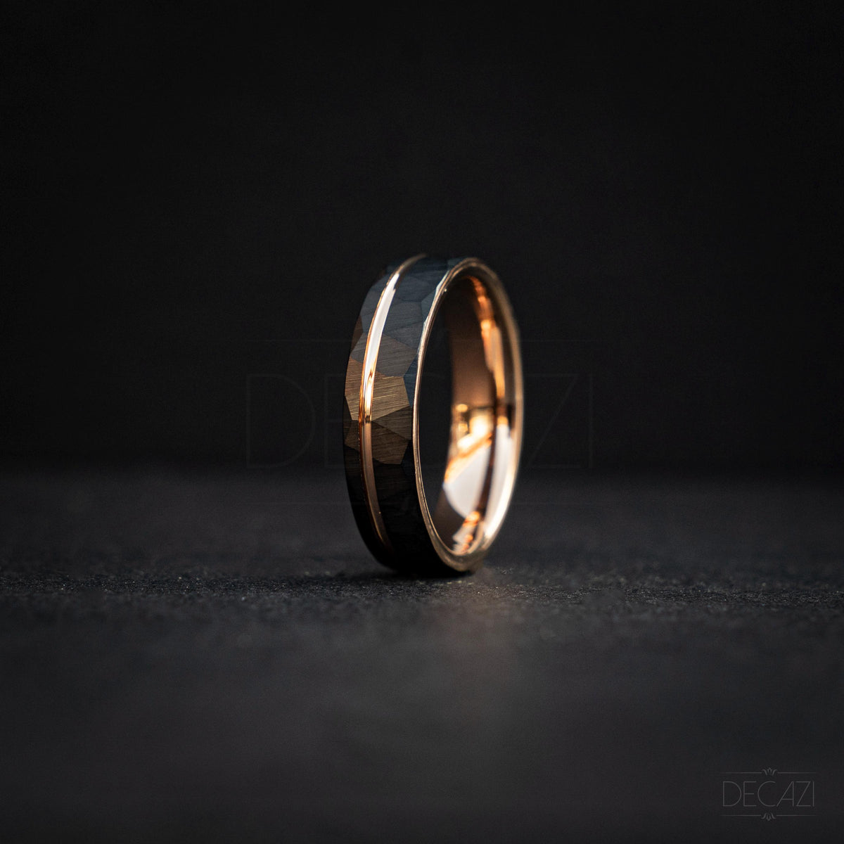 Men's Rose Gold and Black Tungsten Wedding Band – Faceted Ring – Unique Modern Men's Ring – Durable Comfort Fit Ring, 6 mm Ring | Decazi
