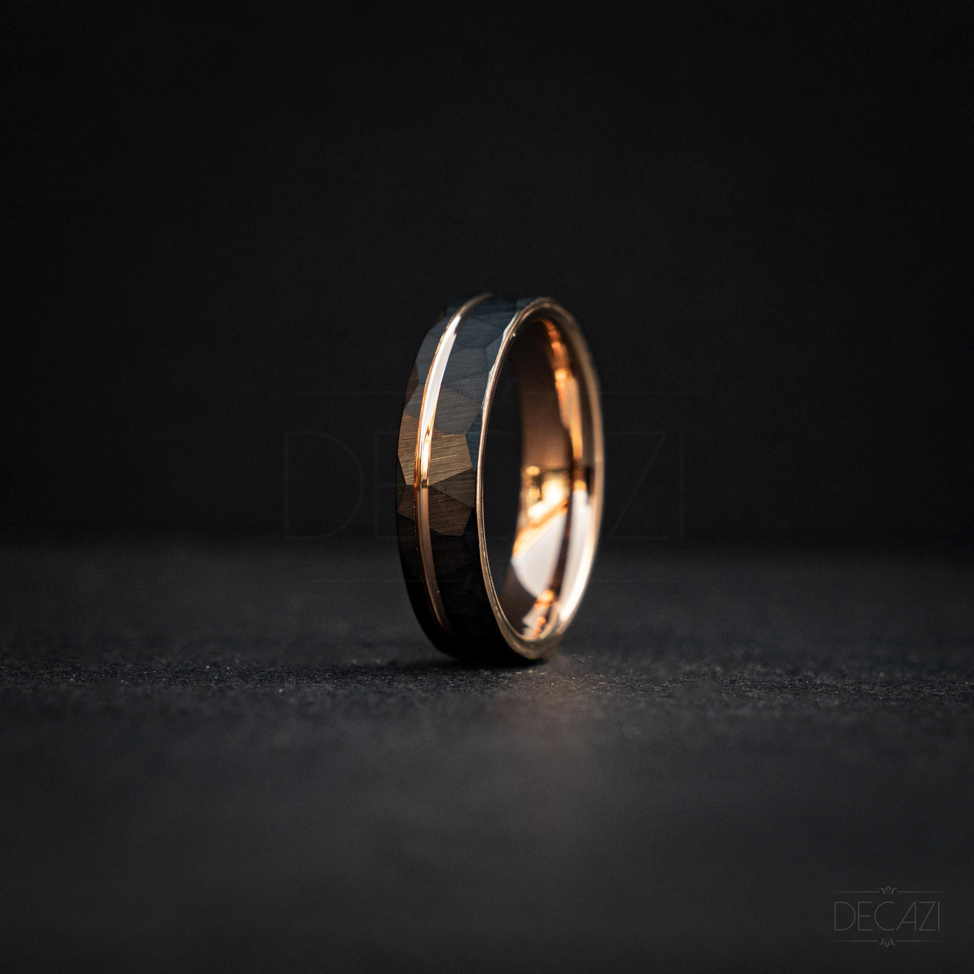 Men's Rose Gold and Black Tungsten Wedding Band – Faceted Ring – Unique Modern Men's Ring – Durable Comfort Fit Ring, 6 mm Ring | Decazi