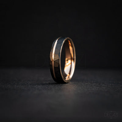 Men's Rose Gold and Black Tungsten Wedding Band – Faceted Ring – Unique Modern Men's Ring – Durable Comfort Fit Ring, 6 mm Ring | Decazi