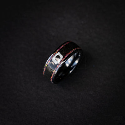 Black Statement Ring with Red Opal & White Square Symbol, Geometric Gamer-Inspired Jewelry, Korean Drama Aesthetic Jewelry, Cosplay Inspired