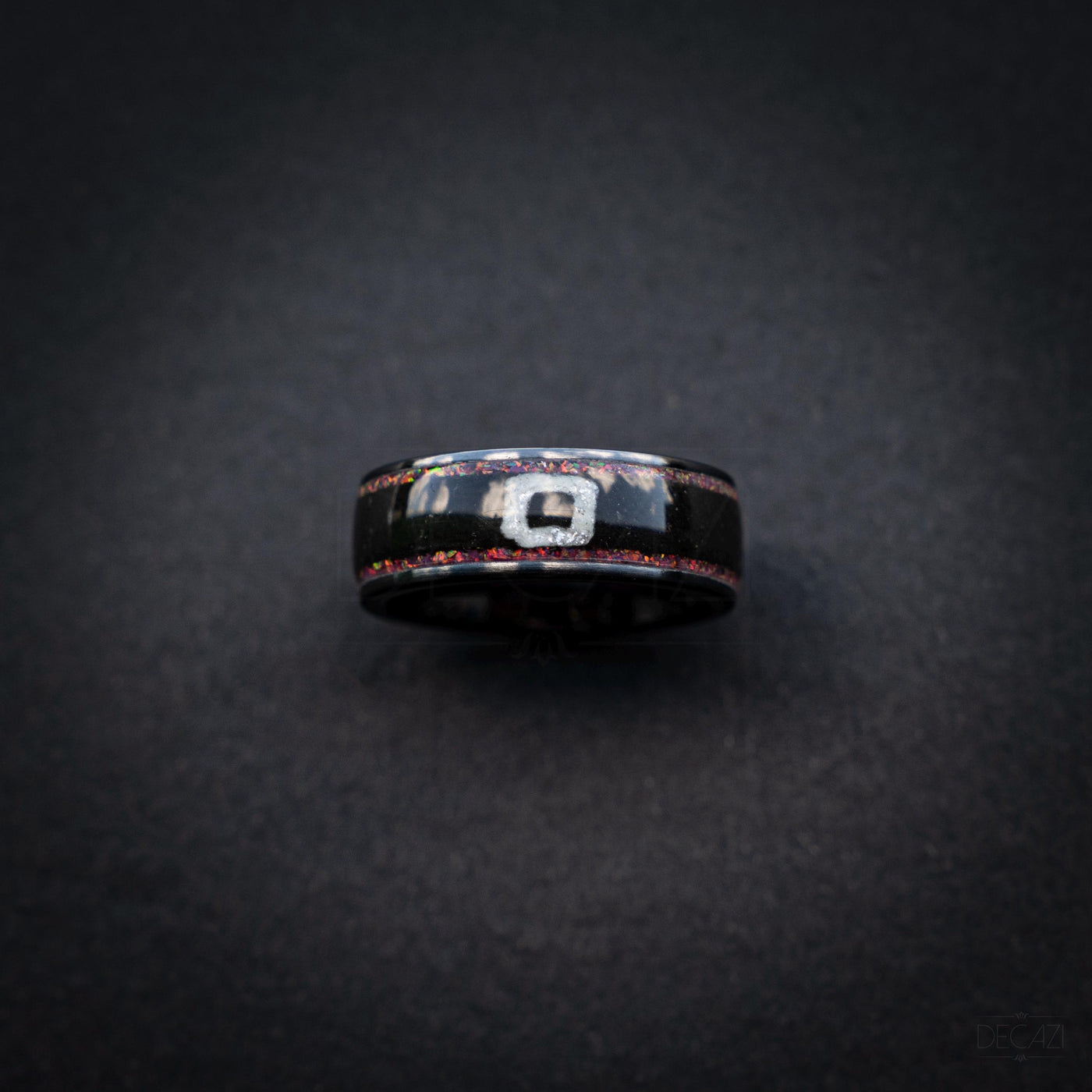 Black Statement Ring with Red Opal & White Square Symbol, Geometric Gamer-Inspired Jewelry, Korean Drama Aesthetic Jewelry, Cosplay Inspired