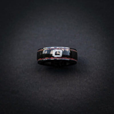 Black Statement Ring with Red Opal & White Square Symbol, Geometric Gamer-Inspired Jewelry, Korean Drama Aesthetic Jewelry, Cosplay Inspired