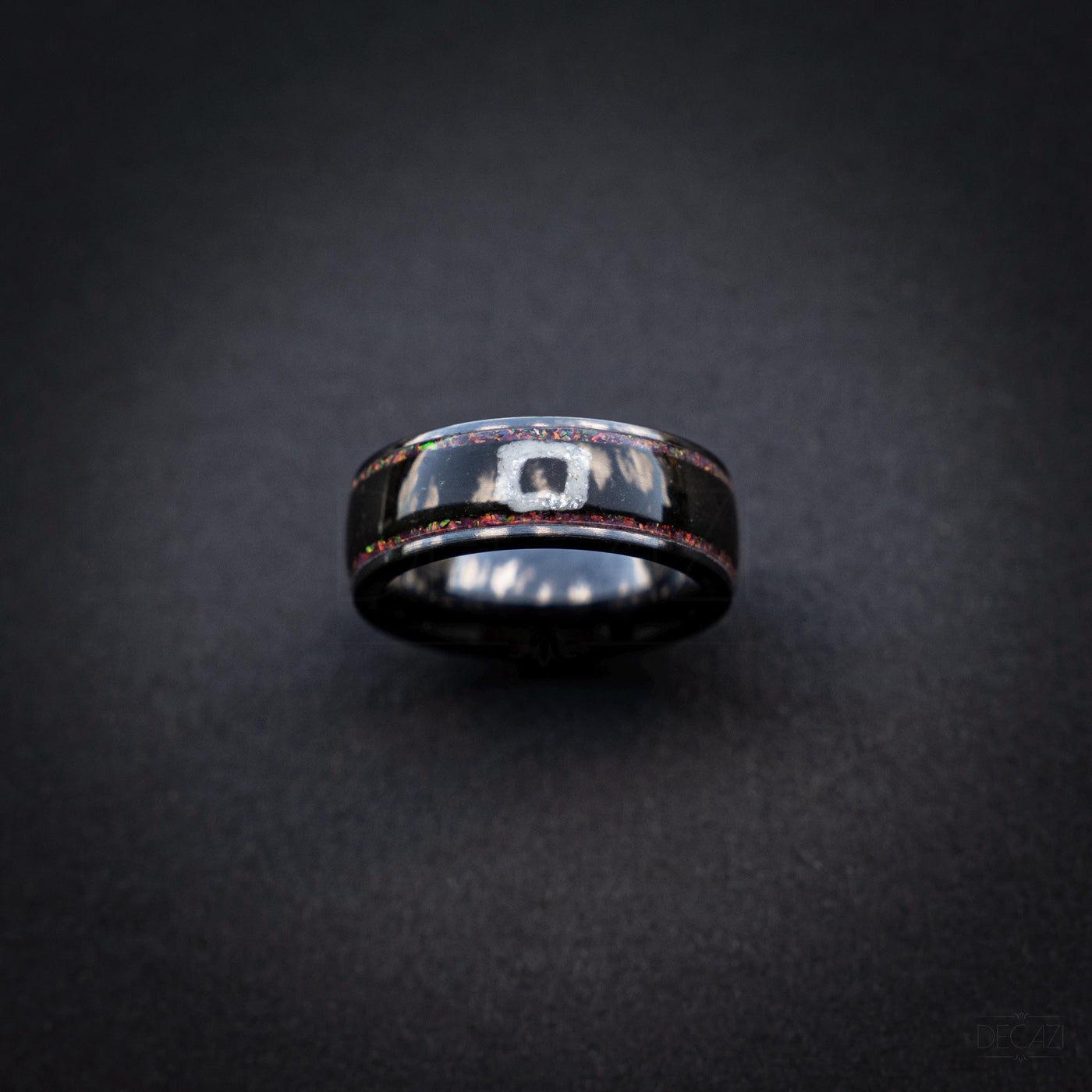 Black Statement Ring with Red Opal & White Square Symbol, Geometric Gamer-Inspired Jewelry, Korean Drama Aesthetic Jewelry, Cosplay Inspired