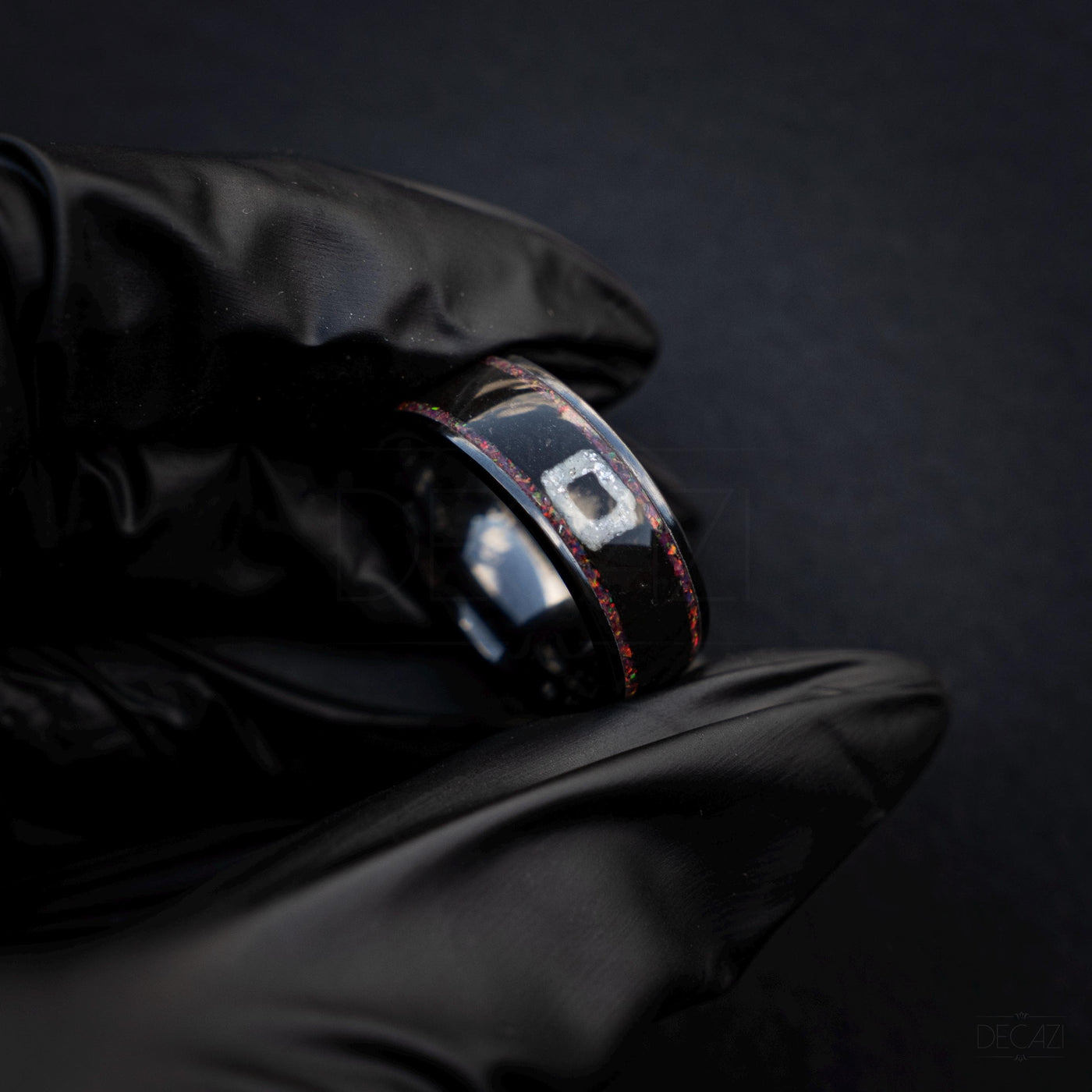 Black Statement Ring with Red Opal & White Square Symbol, Geometric Gamer-Inspired Jewelry, Korean Drama Aesthetic Jewelry, Cosplay Inspired