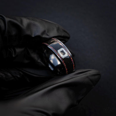 Black Statement Ring with Red Opal & White Square Symbol, Geometric Gamer-Inspired Jewelry, Korean Drama Aesthetic Jewelry, Cosplay Inspired