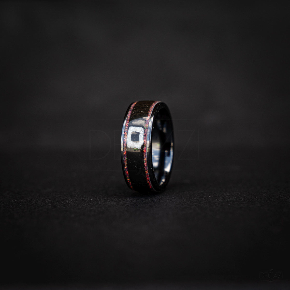 Black Statement Ring with Red Opal & White Square Symbol, Geometric Gamer-Inspired Jewelry, Korean Drama Aesthetic Jewelry, Cosplay Inspired