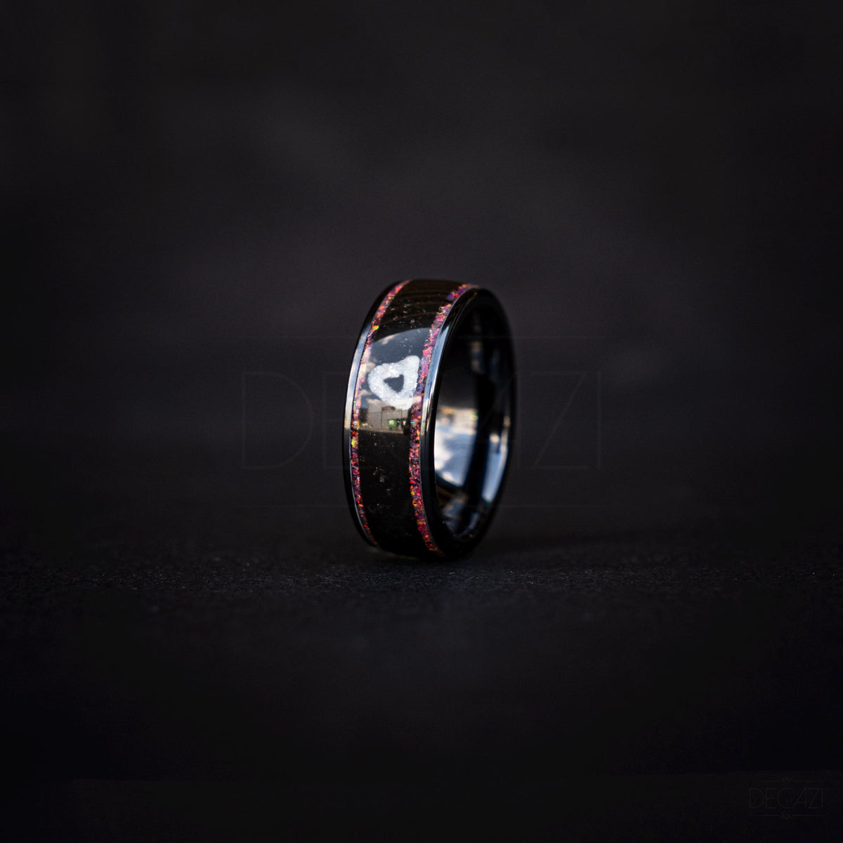 Black Ring with Pink Opal and White Triangle Symbol – Dark Geometric Aesthetic Jewelry, Korean Drama Aesthetic Jewelry, Geometric Gamer