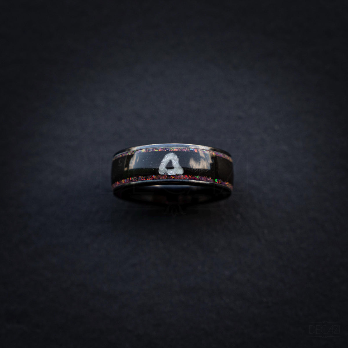 Black Ring with Pink Opal and White Triangle Symbol – Dark Geometric Aesthetic Jewelry, Korean Drama Aesthetic Jewelry, Geometric Gamer