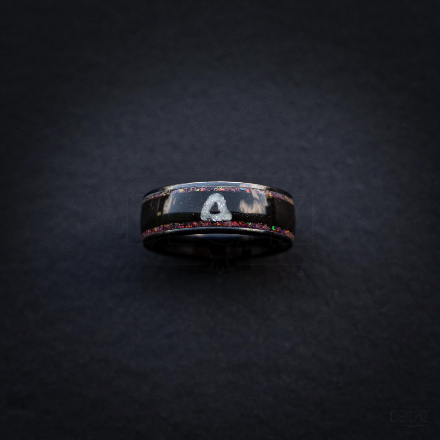 Black Ring with Pink Opal and White Triangle Symbol – Dark Geometric Aesthetic Jewelry, Korean Drama Aesthetic Jewelry, Geometric Gamer