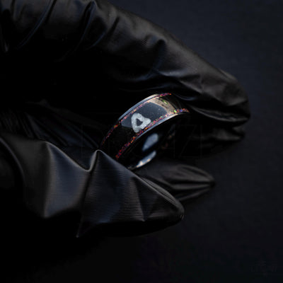 Black Ring with Pink Opal and White Triangle Symbol – Dark Geometric Aesthetic Jewelry, Korean Drama Aesthetic Jewelry, Geometric Gamer