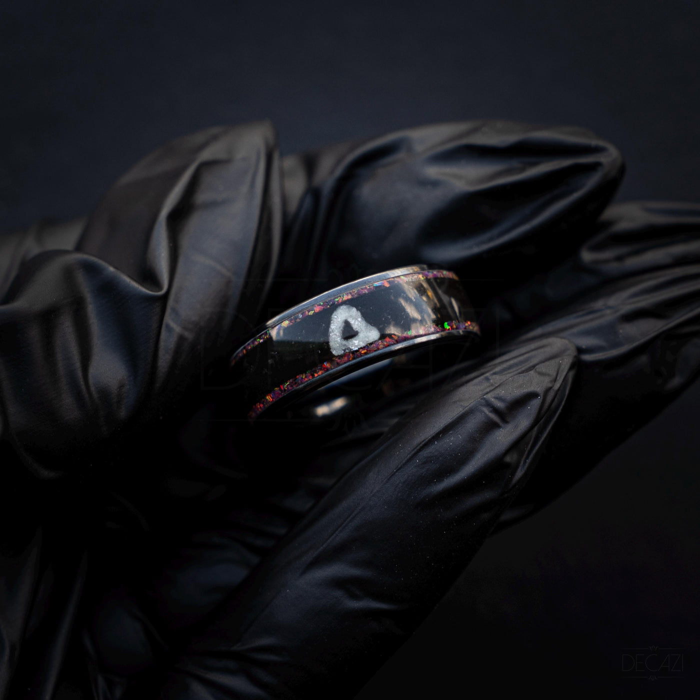 Black Ring with Pink Opal and White Triangle Symbol – Dark Geometric Aesthetic Jewelry, Korean Drama Aesthetic Jewelry, Geometric Gamer