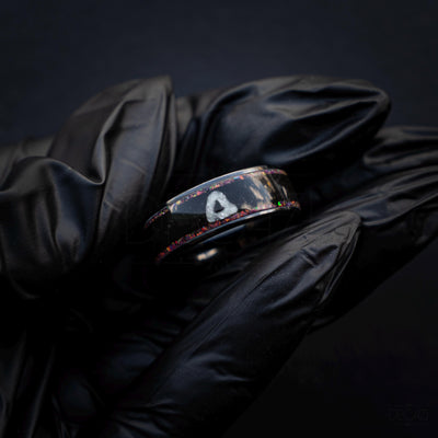 Black Ring with Pink Opal and White Triangle Symbol – Dark Geometric Aesthetic Jewelry, Korean Drama Aesthetic Jewelry, Geometric Gamer