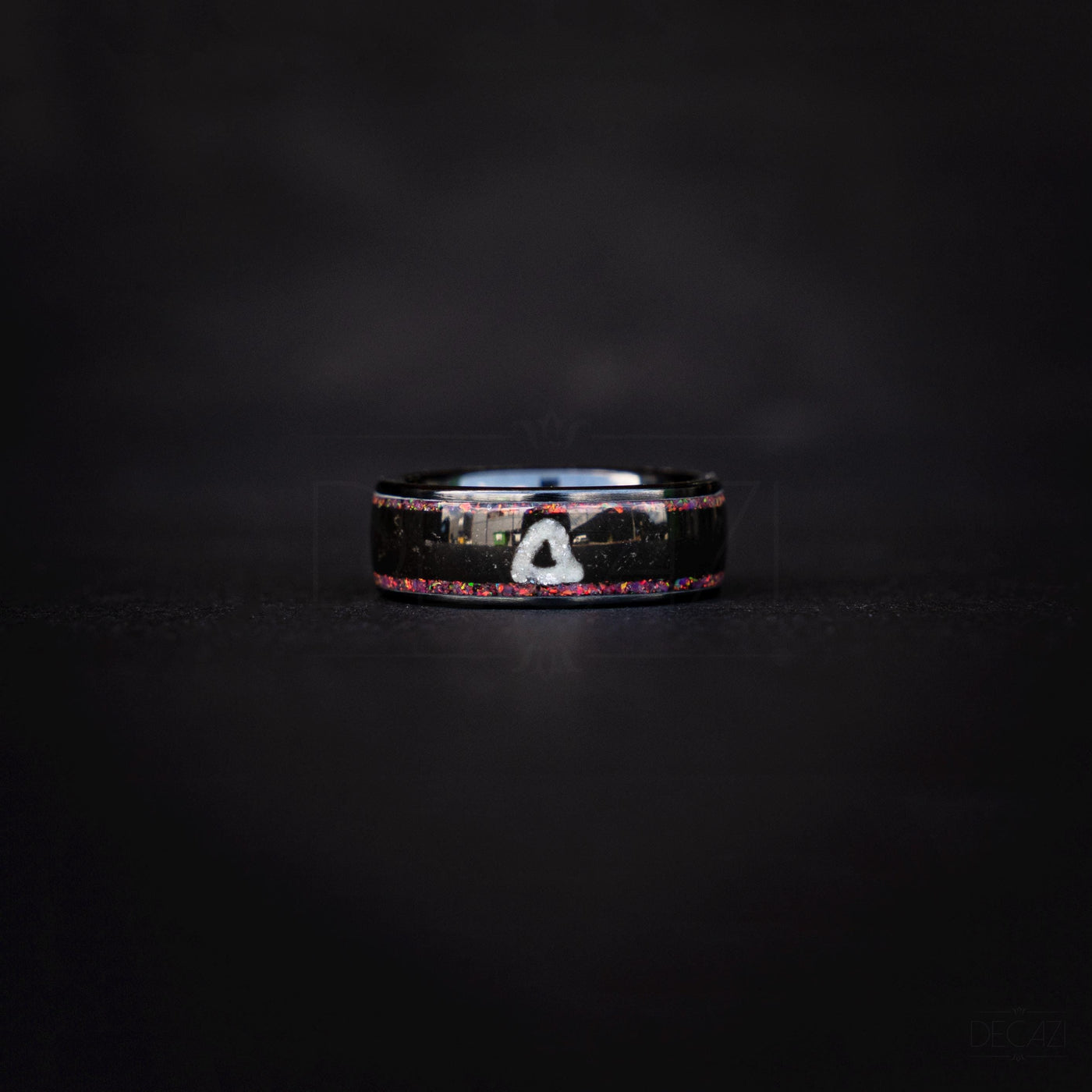 Black Ring with Pink Opal and White Triangle Symbol – Dark Geometric Aesthetic Jewelry, Korean Drama Aesthetic Jewelry, Geometric Gamer