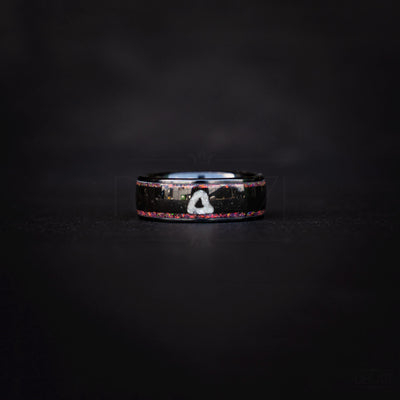 Black Ring with Pink Opal and White Triangle Symbol – Dark Geometric Aesthetic Jewelry, Korean Drama Aesthetic Jewelry, Geometric Gamer