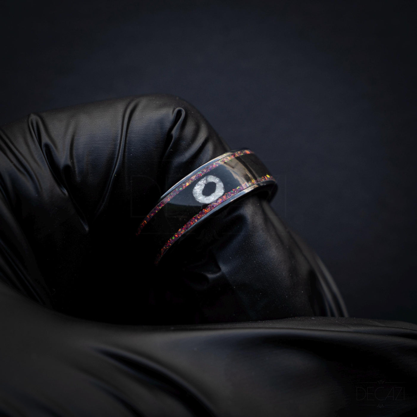 Black Ring with Pink Opal and White Circle Symbol – Geometric Aesthetic Jewelry, Subtle Fandom Jewelry, Korean Drama, Geometric Gamer